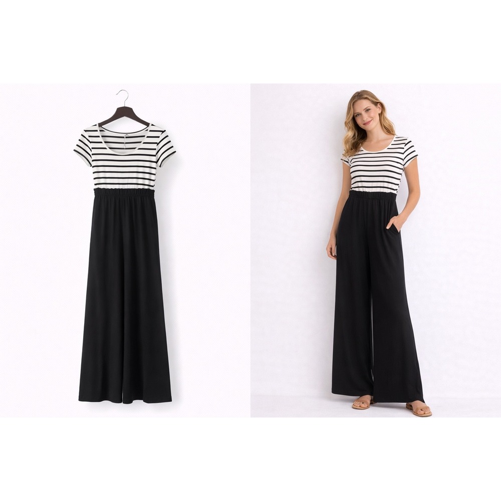 Just Be Jumpsuit Womens Small Black White‎ NEW Striped Wide Leg Paperbag Waist